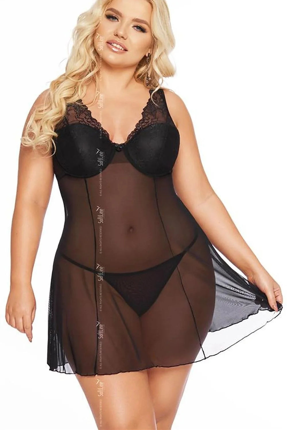 L'ensemble sexy Soft Line Collection nuisette babydoll maille transparente dentelle florale bustier ajustable string noir