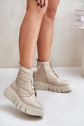 Bottines pour femmes design moderne élégant cuir synthétique beige lacets fermeture éclair dorée semelle épaisse sculptée hauteur cheville rembourrage confortable