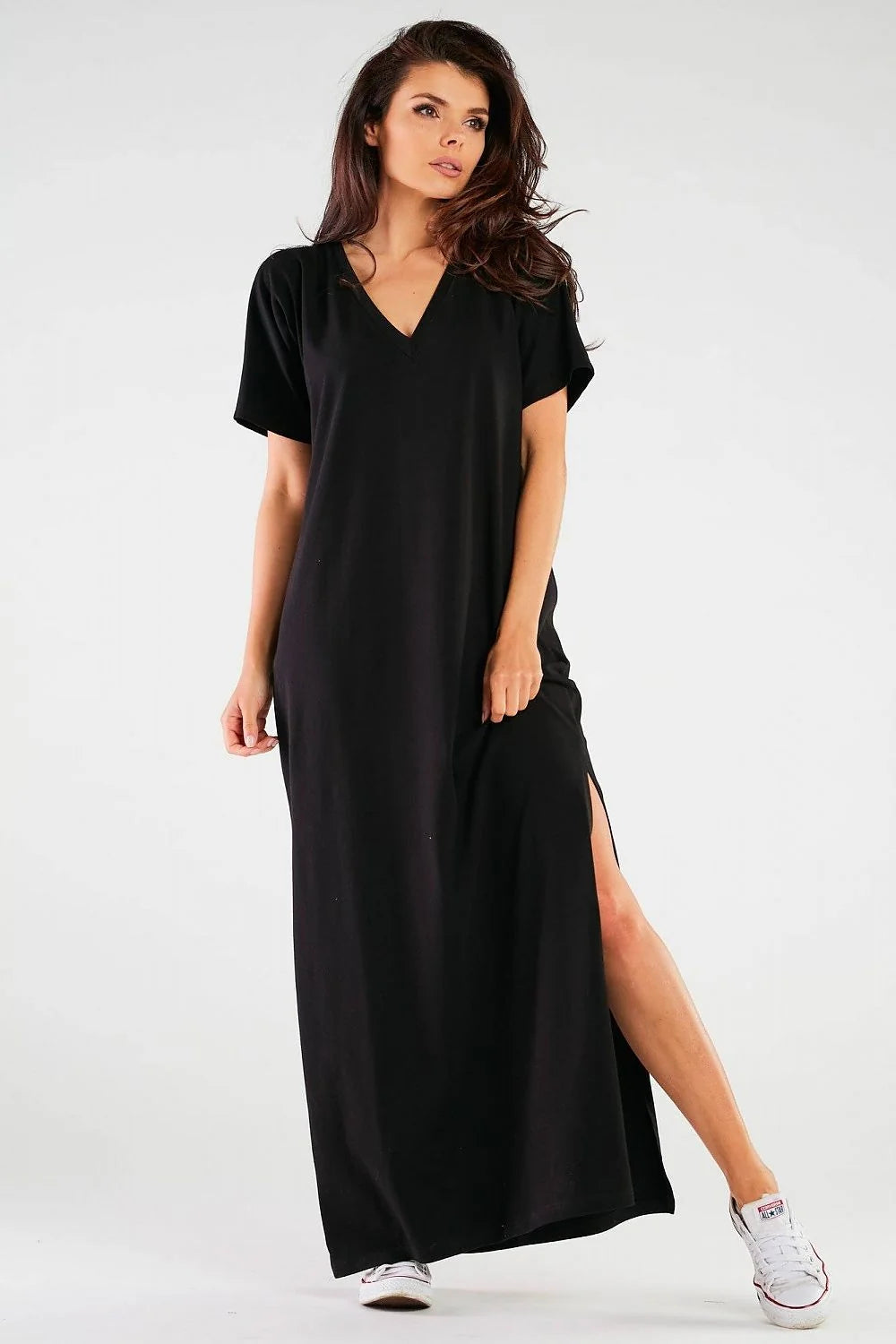 robe longue maxi noire oversize coupe droite décolleté V manches courtes fente latérale fluide jersey coton lycra confortable