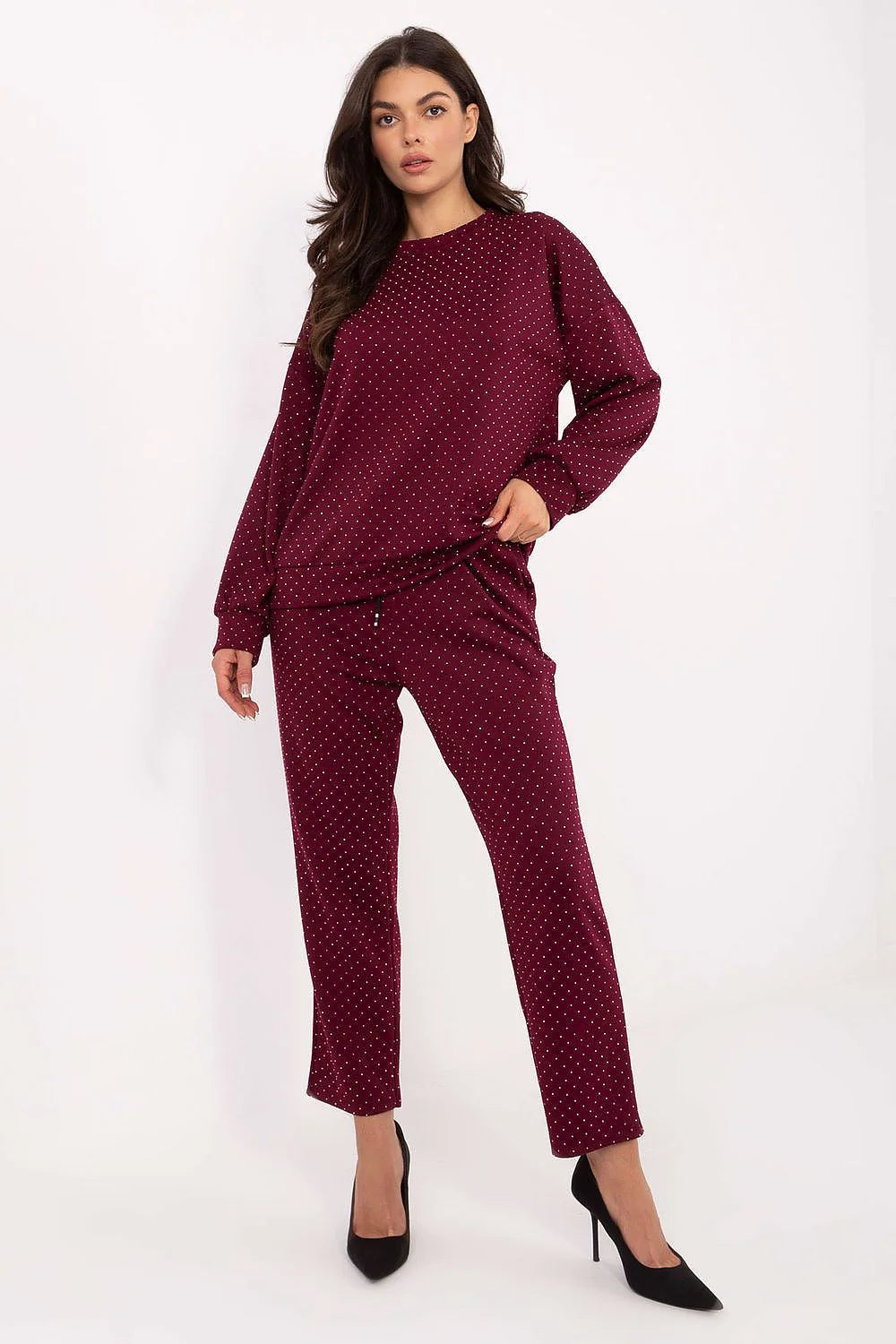 ensemble survêtement femme bordeaux pois blancs sweatshirt oversize pantalon droit taille haute ceinture nouer strass viscose polyester stretch maille douce
