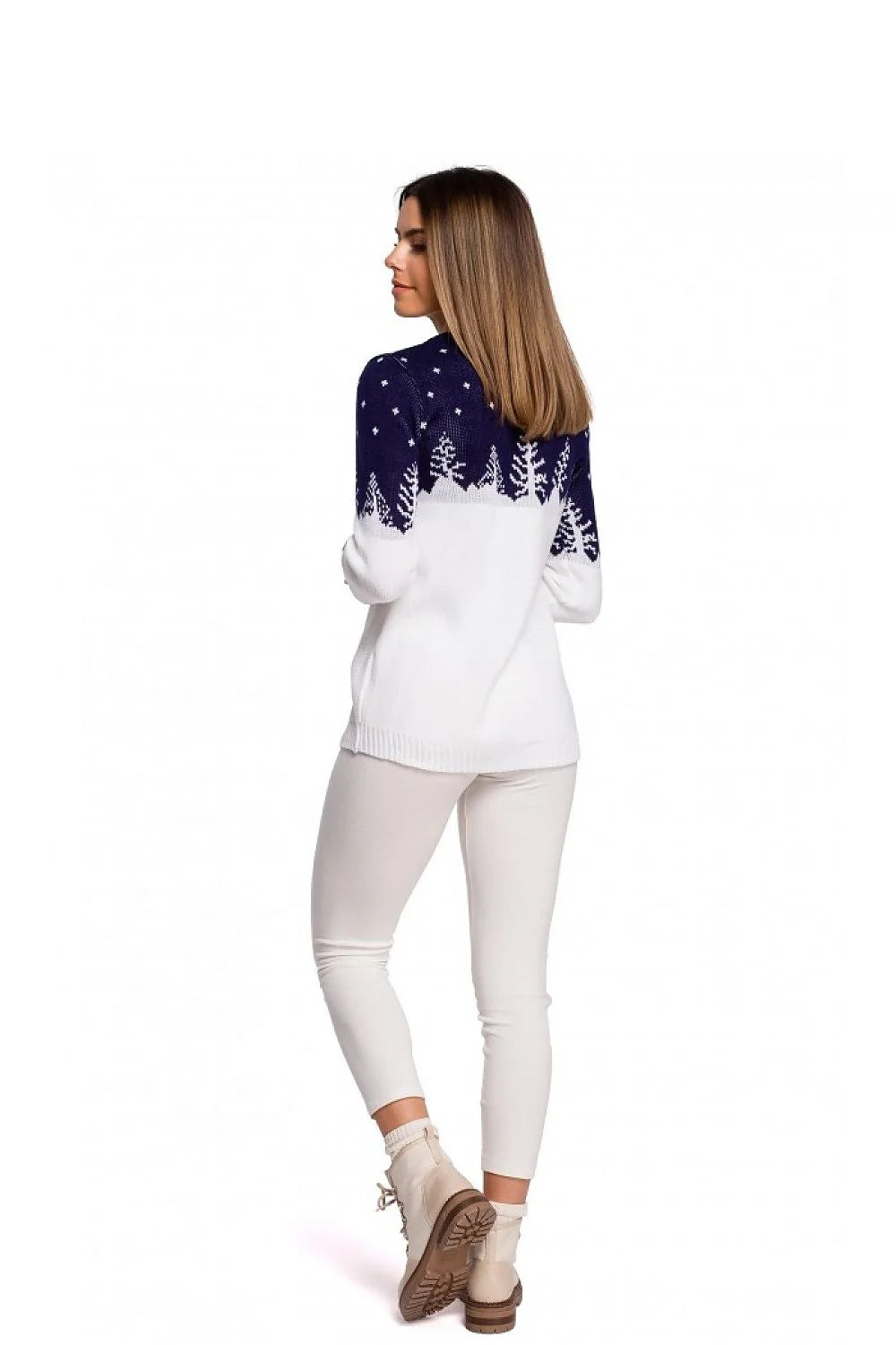 Pull tricot hivernal élégant décontracté motif sapin vert émeraude col rond manches longues femmes