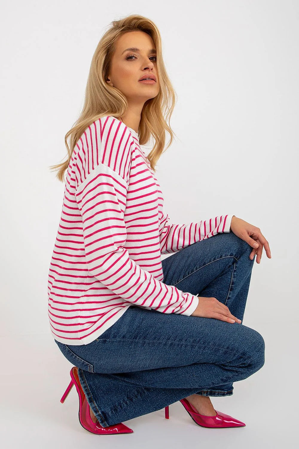 chandail femme Rue Paris marinière rayures fuchsia blanches manches longues encolure bateau maille fine coton mélange coupe oversize