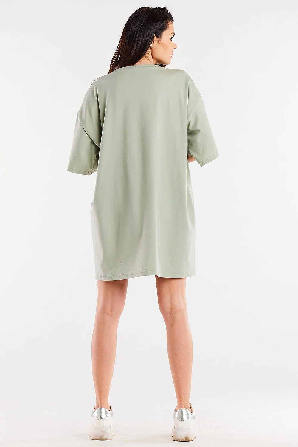 robe tshirt oversize coton lycra mélange doux stretch kaki sauge coupe droite épaules tombantes manches larges col rond courte élégante
