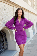 Robe courte Roco Fashion couleur pourpre vibrante manches longues bouffantes décolleté en V froncement central polyester