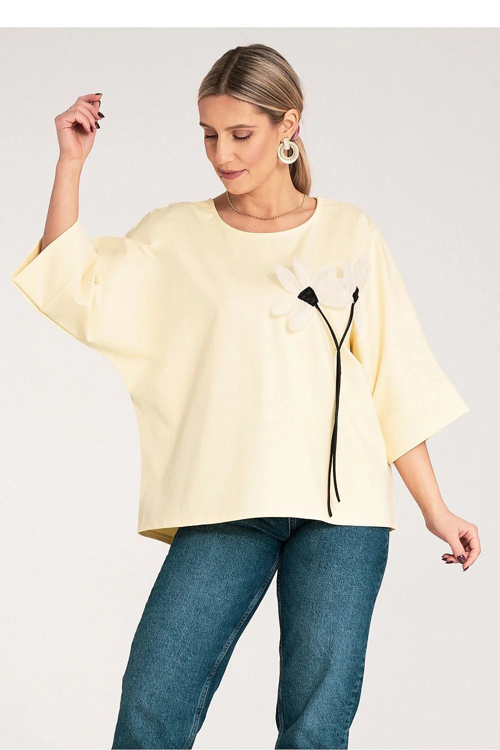 Chemisier Figl Femme Style Moderne Élégant Manches larges en revers Coton Élasthanne Polyester Floral Décontracté Occasions quotidiennes et semi-formelles