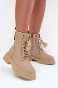 bottines femme cuir écologique beige effet nubuck tige mi haute bout rond lacets fermeture éclair latérale semelle plateforme crantée antidérapante