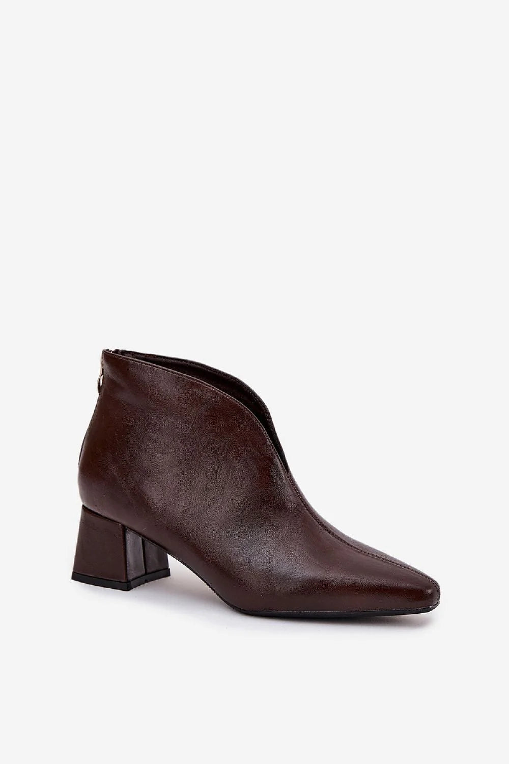 bottines femme cuir écologique marron foncé bout amande talon colonne stable mi hauteur fermeture éclair arrière minimaliste silhouette effilée chic