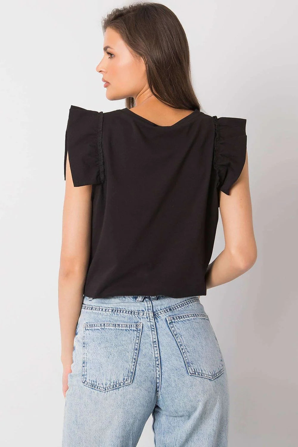 Top mode femme sans manches en coton graphique Ready to Travel ruffle neckline pastel yellow casual chic