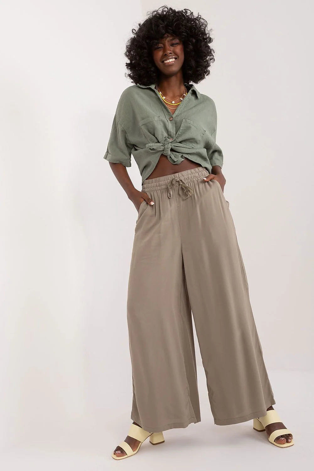 pantalon femme palazzo taille haute large viscose légère fluide taupe élégant décontracté chic élastique cordon poches latérales drapé confortable stretch