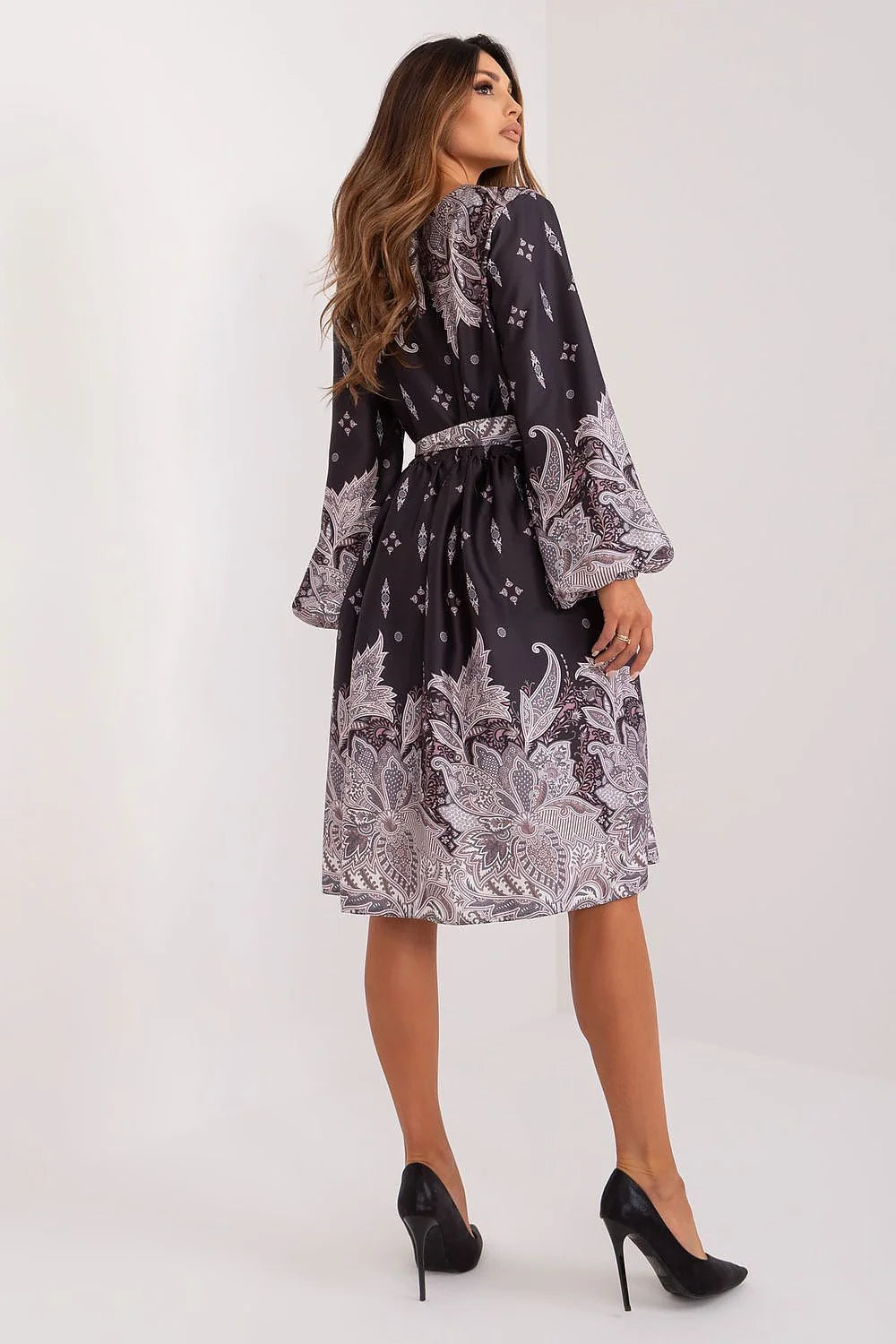 Robe de cocktail élégante semi-formelle motif Paisley gris anthracite manches longues encolure en V ceinture assortie polyester femme
