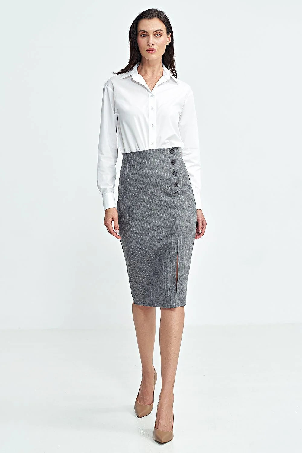 Jupe crayon Nife femme classique élégante gris rayures blanches taille haute genoux courte liberté mouvement