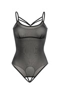 body résille transparente noire sensuelle sexy cintré taille marquée découpe souspoitrine lanières décoratives bretelles spaghetti doubles réglables entrejambe ouvert