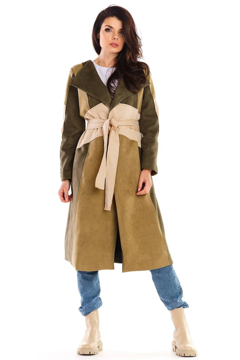 Manteau femme mi-long imitation daim élégant ceinture ajustable kaki beige style moderne automne