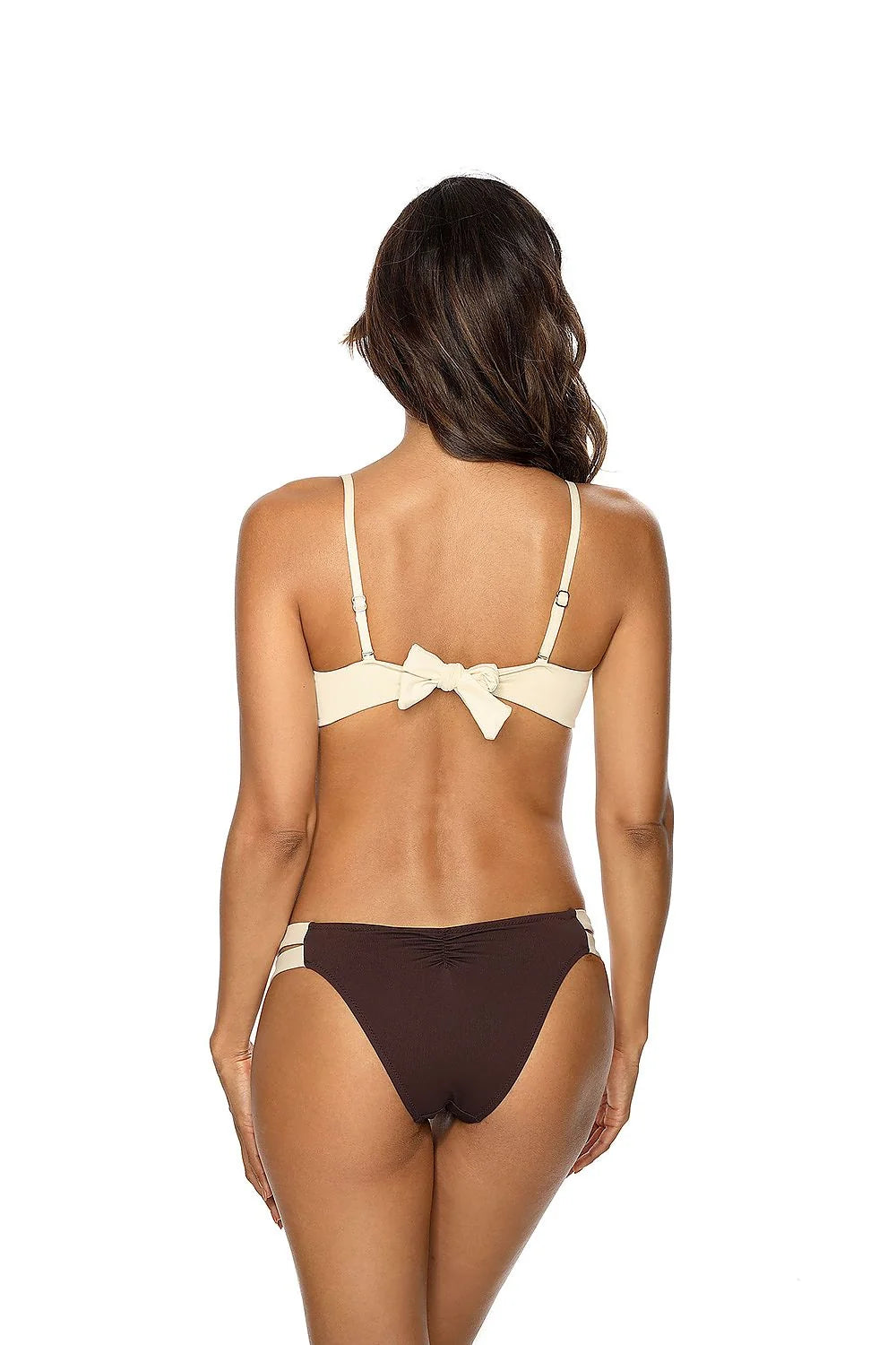 Maillot de bain deux pièces pour femmes, bandeau métallique, bas classique, couleurs crème et marron, élasthanne et polyamide, plage et piscine