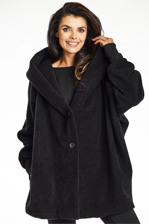 Manteau kimono à capuche pour femme, coupe ample en laine noire, style moderne et élégant