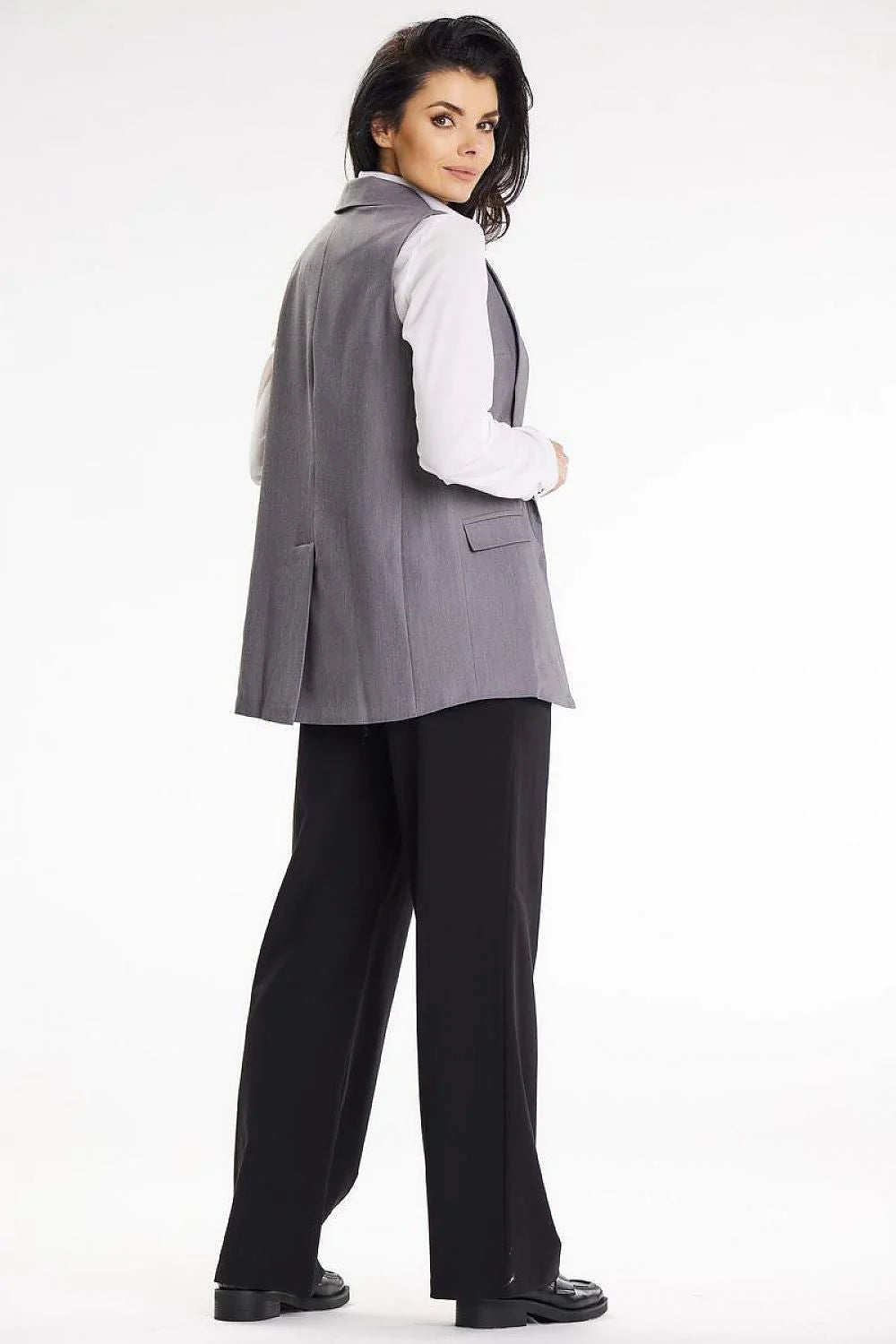 Gilet élégant pour femme avec col châle, patchs poches imitation, style professionnel, élasthanne polyester viscose, taille S M L XL
