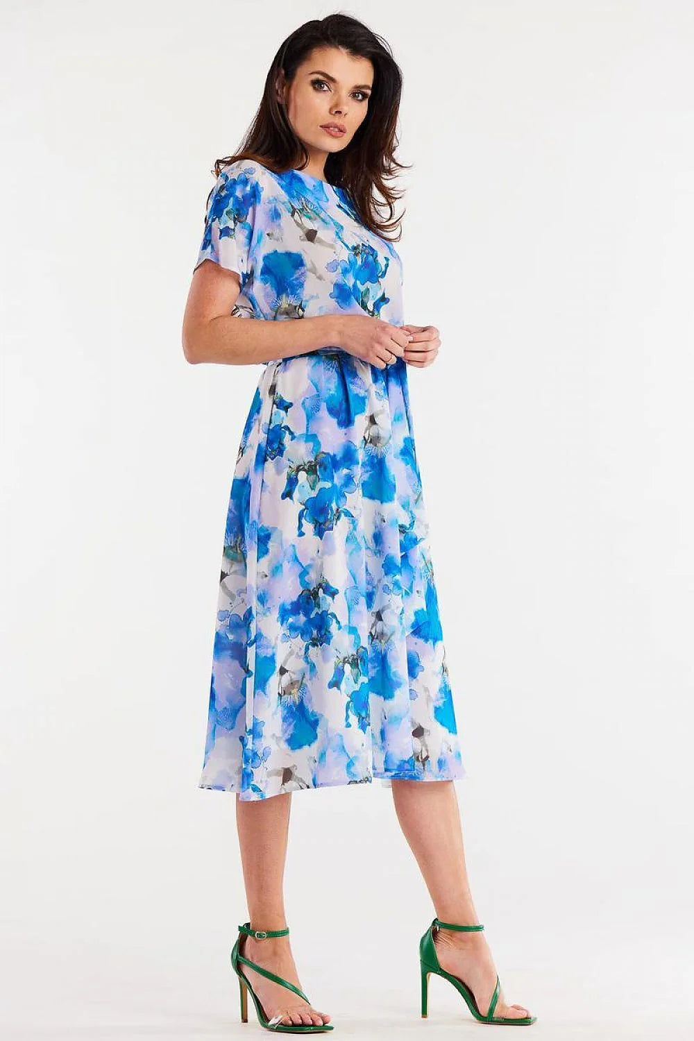 Robe de jour awama en mousseline polyester imprimé floral abstrait manches courtes col rond ajustable taille ceinture femme