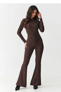 ensemble femme côtelé ajusté manches longues col montant fermeture éclair arrière pantalon taille haute flare jambes évasées sculptant confortable bourgogne