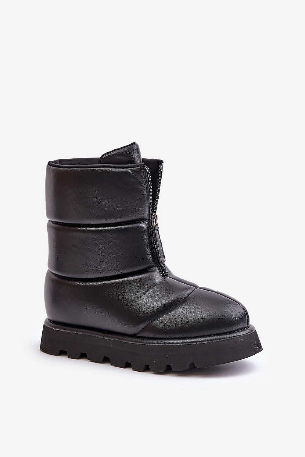 bottines hiver similicuir noir matelassé fermeture éclair frontale plateforme crantée épaisse semelle caoutchouc rembourrage isolante chaude légère confortable chunky courte