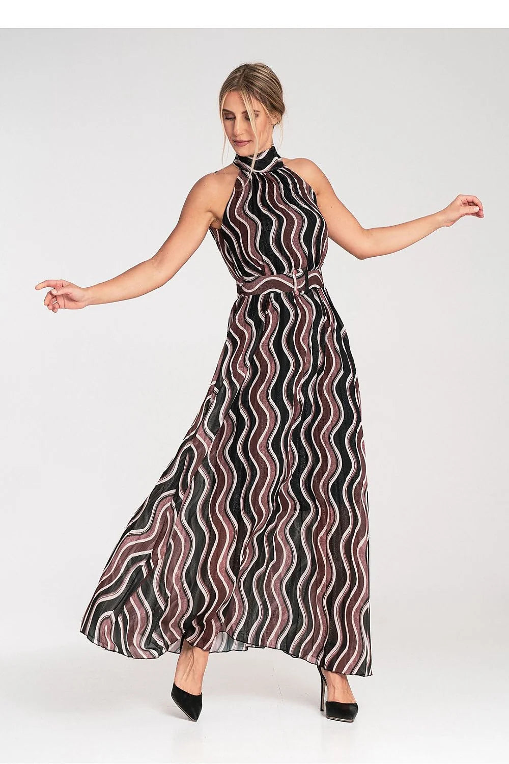 Robe de soirée élégante longue sans manches en polyester et élasthanne avec ceinture et motifs vagues verticaux