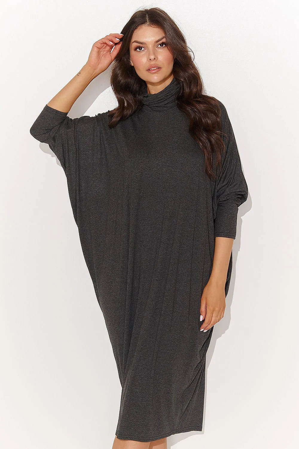 Robe de jour oversize col roulé maille viscose graphite taille ajustable robe moderne femmes style casual