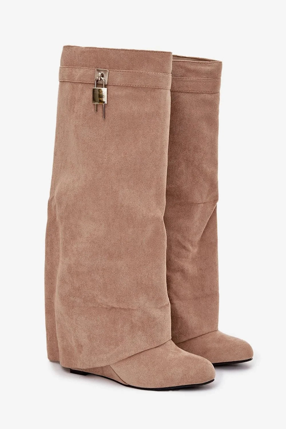 bottes femme suède écologique souple compensé talon9cm tige39cm fermeture éclair repliée ample bout rond semelle plate bijou métallique
