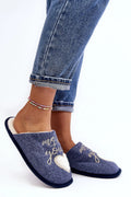 Pantoufles femmes style confort fourrure feutre bleu denim douillet intérieur cosy mule Bout fermé cœur broderie dorée
