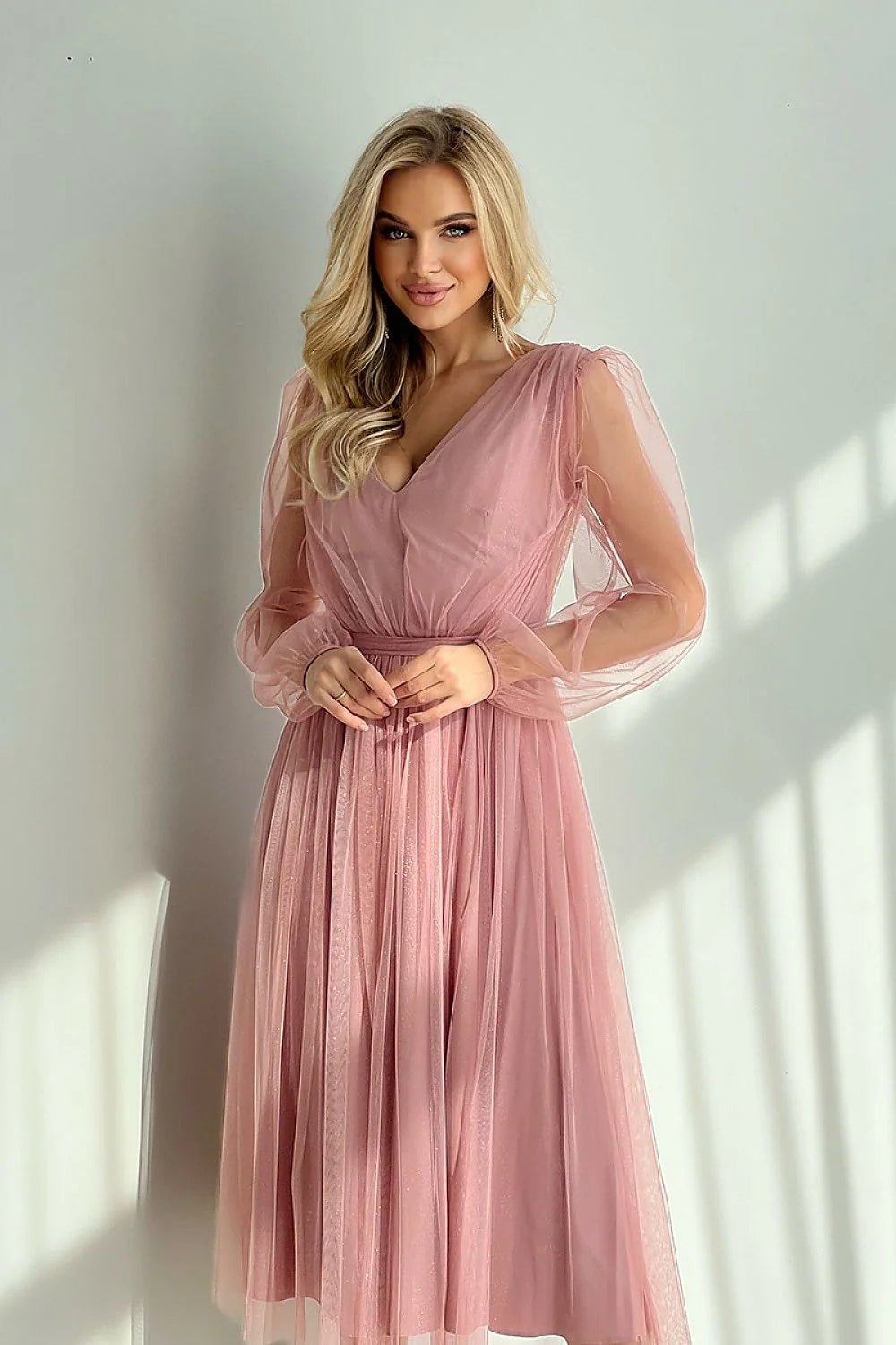 Robe de soirée élégante longueur midi manches longues transparence brocart vert émeraude femmes soirée formelle