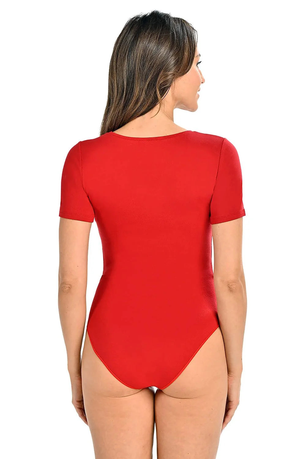 Body pour femme en rouge en viscose élasthanne, neckline arrondie, manches courtes, élastique aux jambes