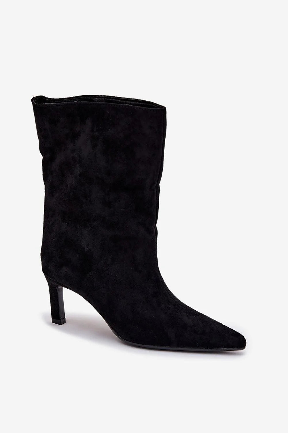 bottines suède noir talon effilé 7cm bout pointu tige froncée slouch féminine stylée chic urbaine élancée finition veloutée cuir écologique