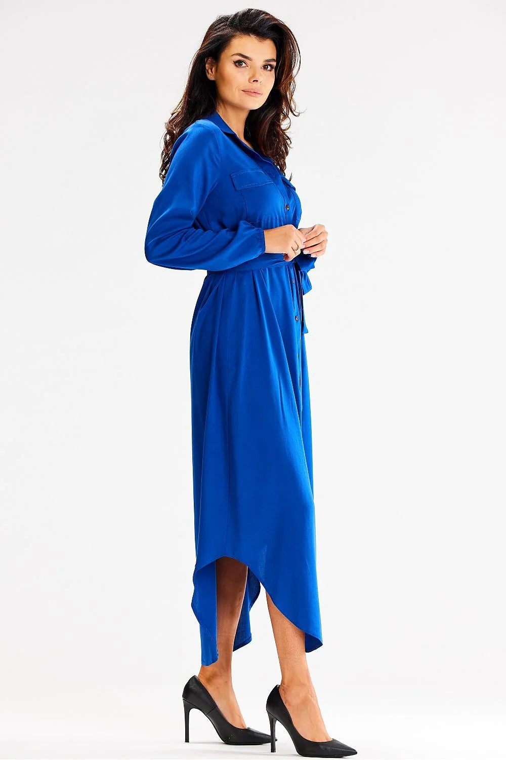 Robe longue chemise awama manches longues poches intégrées ceinture ajustable couleur bleu vif femme élégance Casual