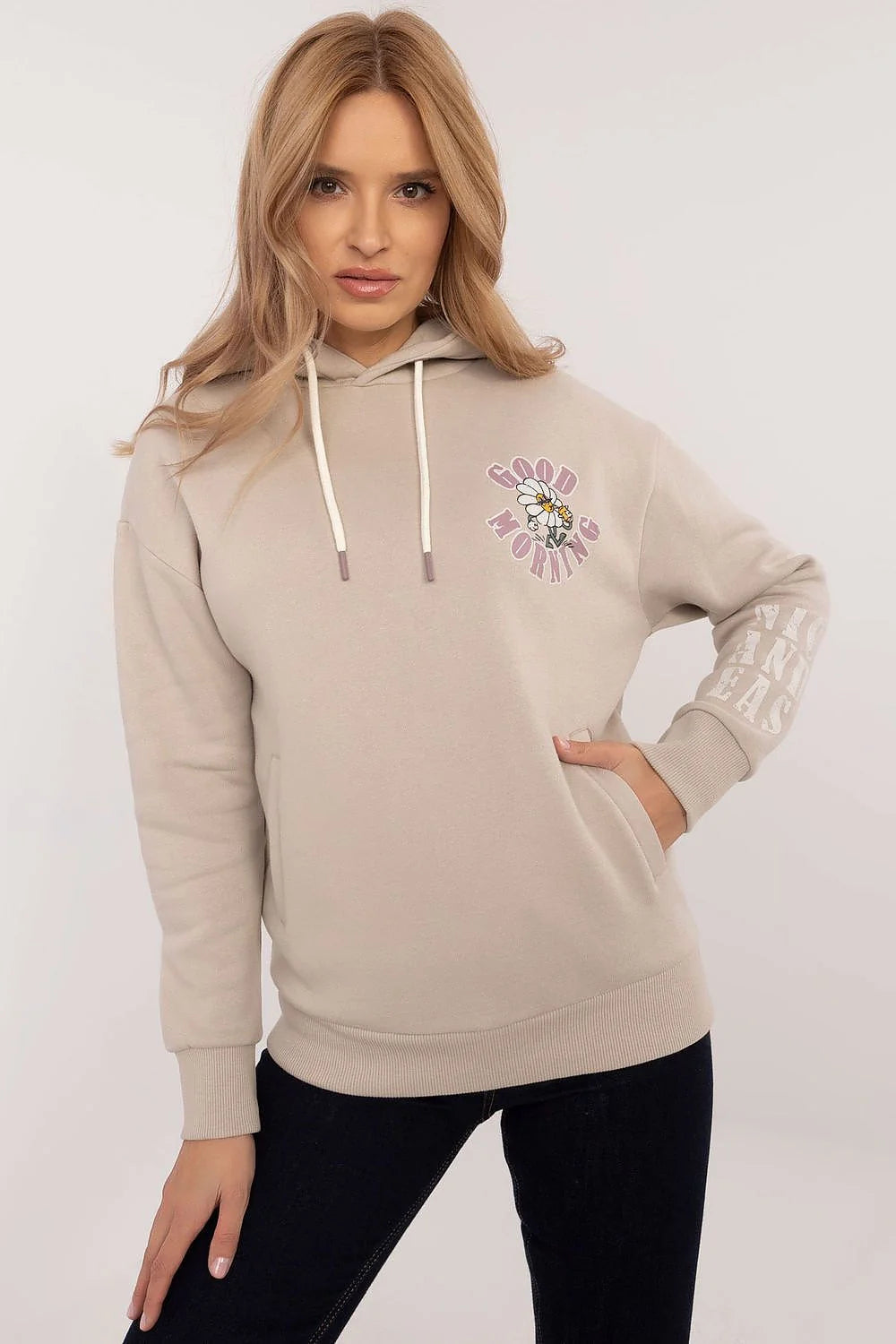 Sweatshirt à capuche pour femmes style moderne couleur beige clair floral design imprimé manches longues confortables