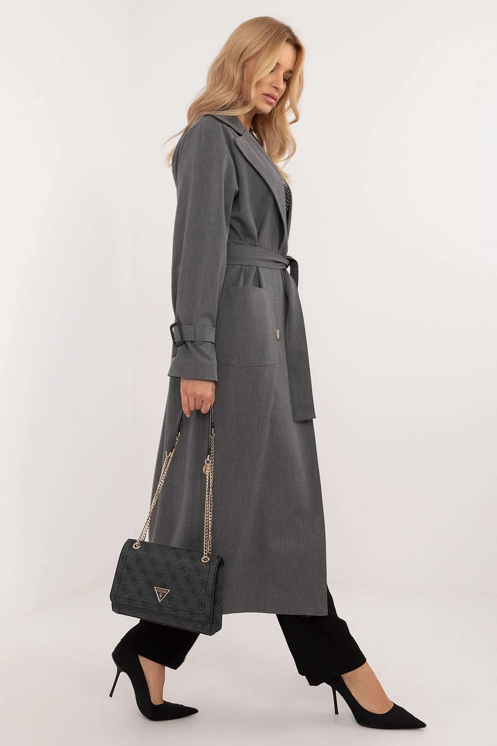 Manteau Lakerta élégant pour femme trench-coat gris long col à revers ceinture boutons doubles manches longues poches latérales automne hiver printemps