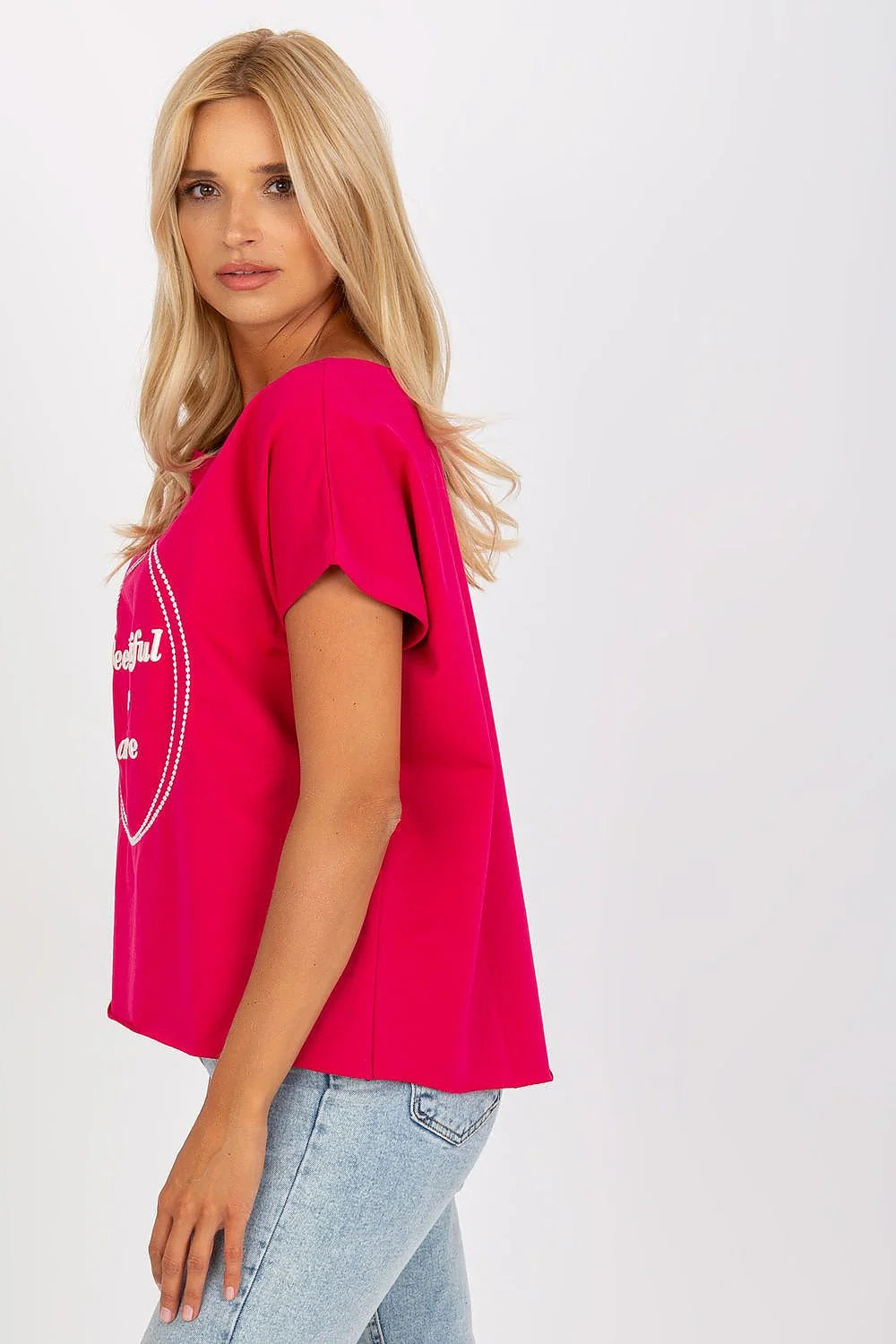 T-shirt femme moderne loose fit manches courtes graphique Feel beautiful anytime anywhere coton élasthanne rose vif look décontracté