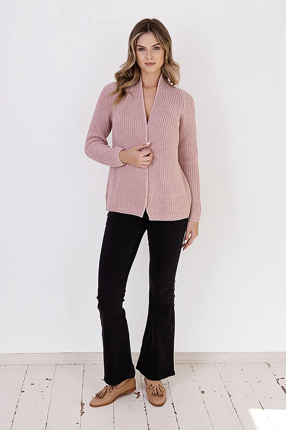 Cardigan femme en tricot jersey rose pâle col châle manches longues en laine acrylique 90% 10%