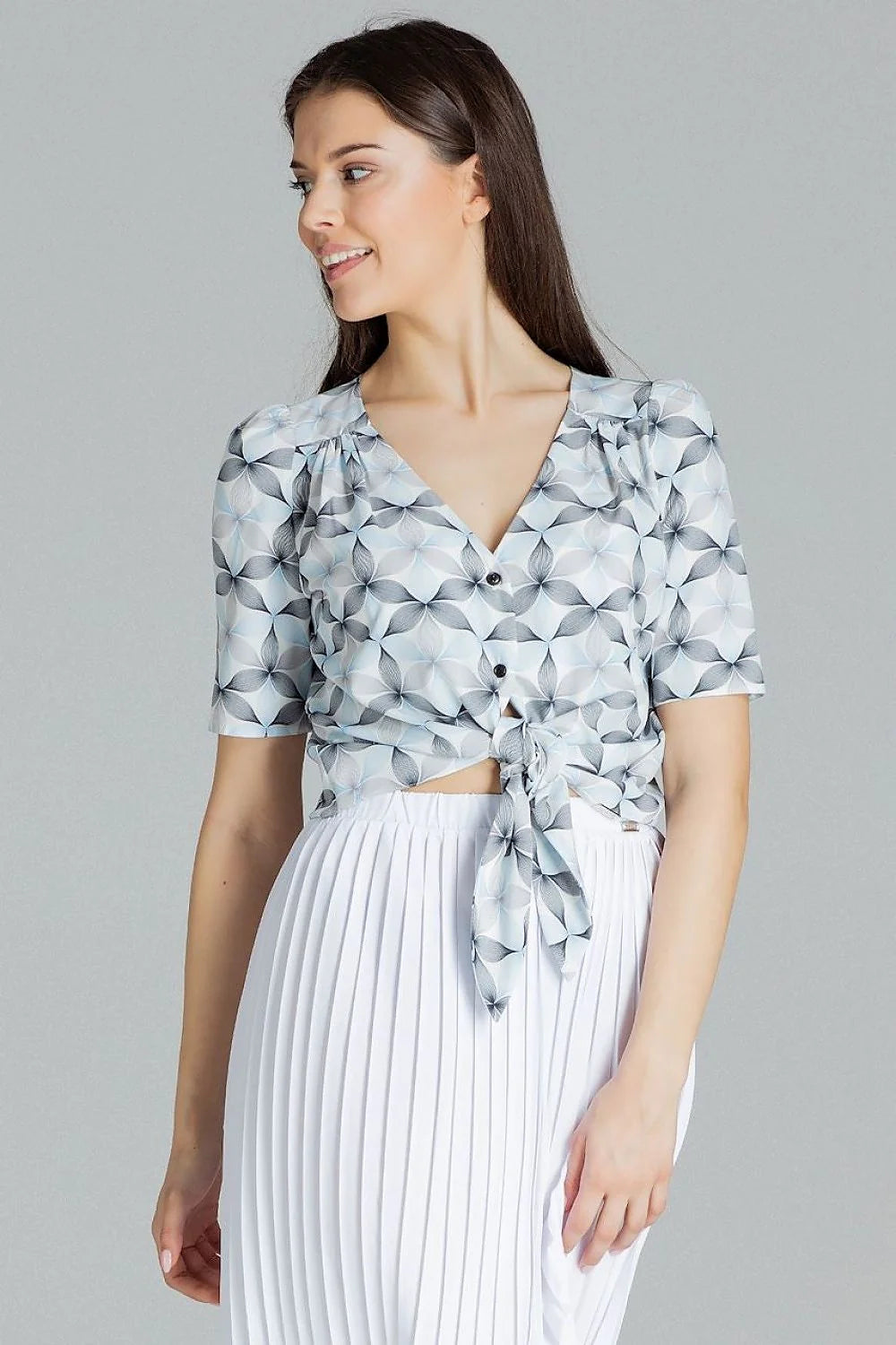 robe femme coton élégante motifs géométriques bleu pastel manches bouffantes décolleté noeud taille jupe plissée midi fluide soyeuse