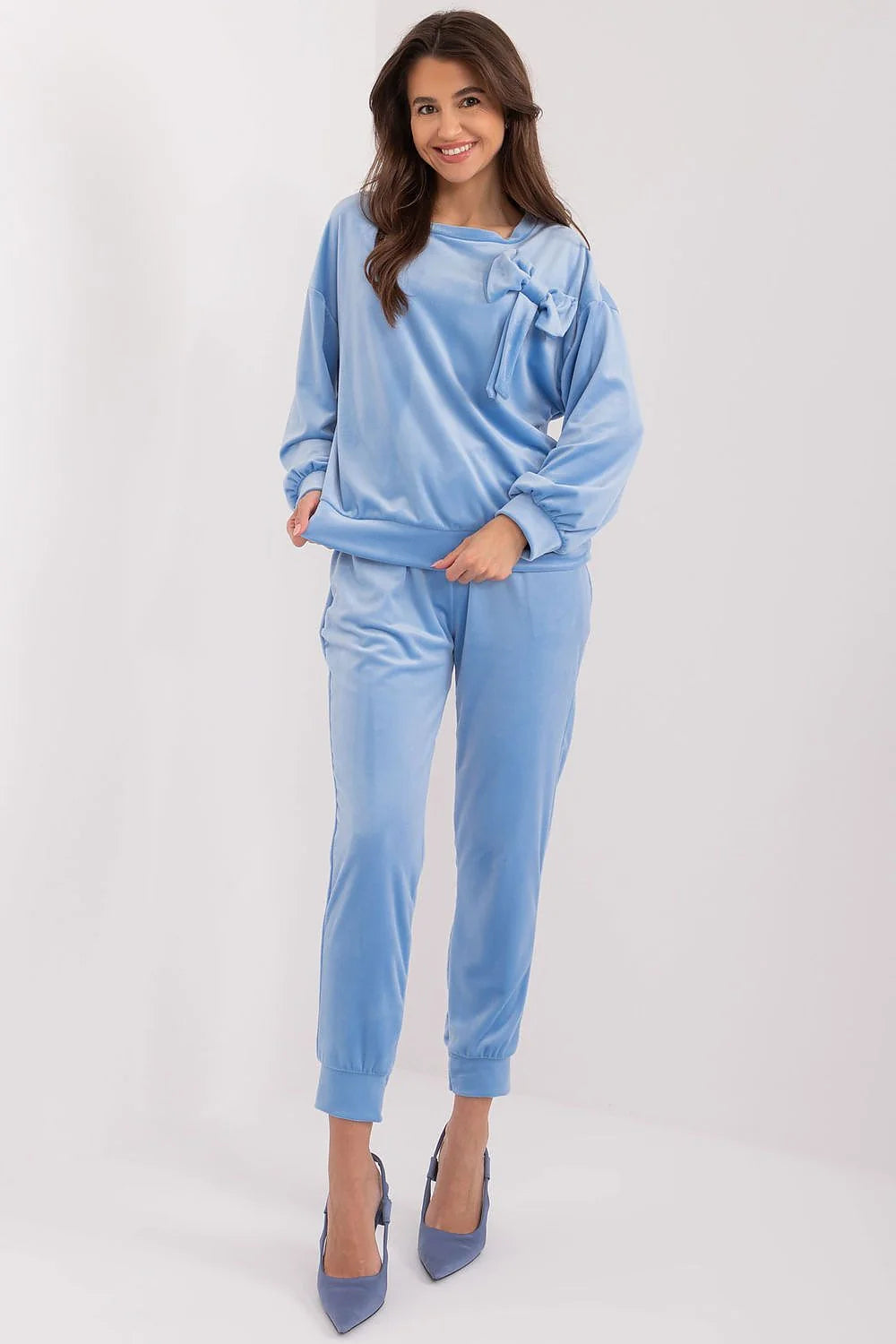 Ensemble Italy Moda velours bleu pastel coupé ample pantalon côtelé nœud épaule décontracté chic femme