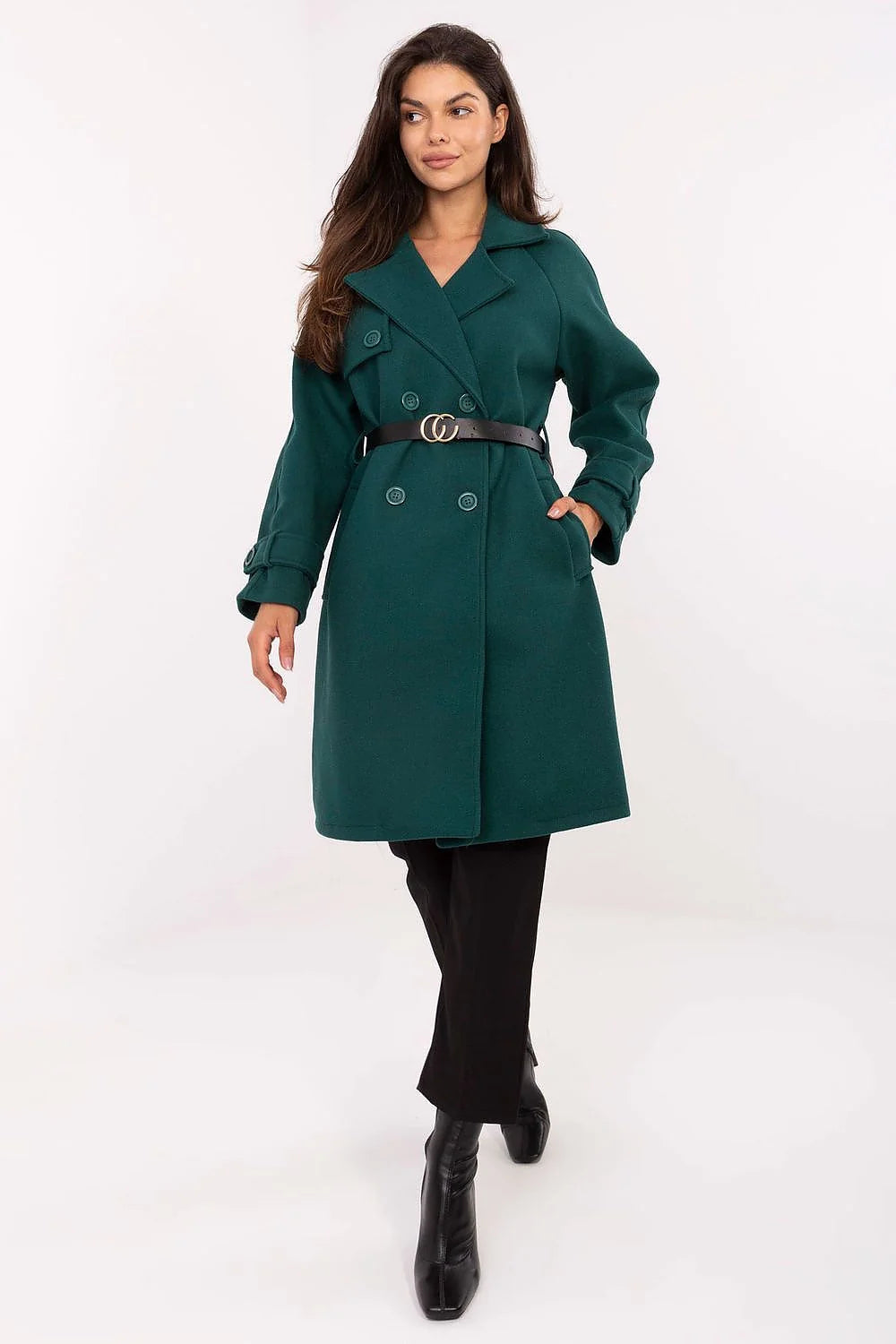 manteau femme mi long double boutonnage vert sapin émeraude col revers large coupe droite évasée genou intemporel