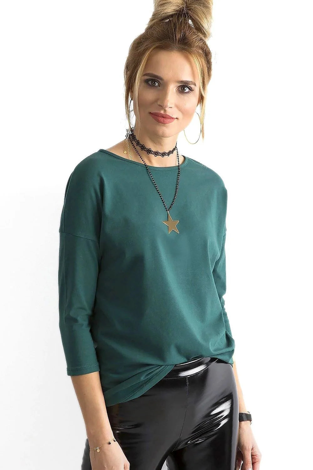 Chemisier femme coton élasthanne style décontracté gris clair manches trois-quarts col rond ample confortable