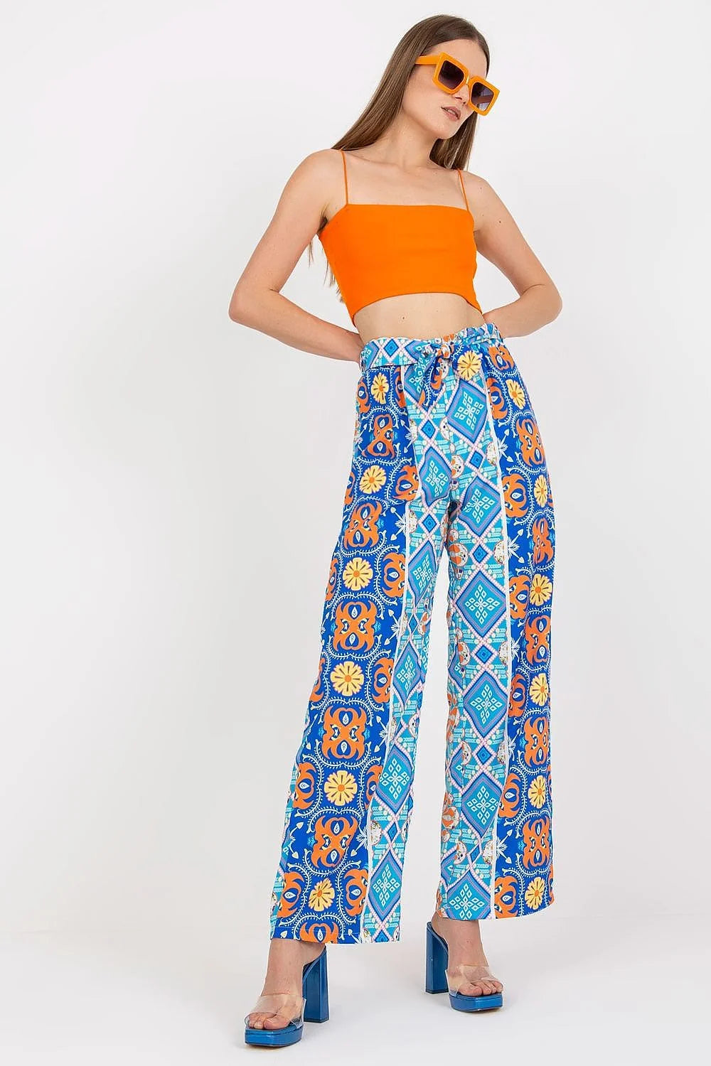 Pantalon femme Italy Moda haute taille jambes larges elastique lien design floral geometrique vert rose bleu blanc summer Casual