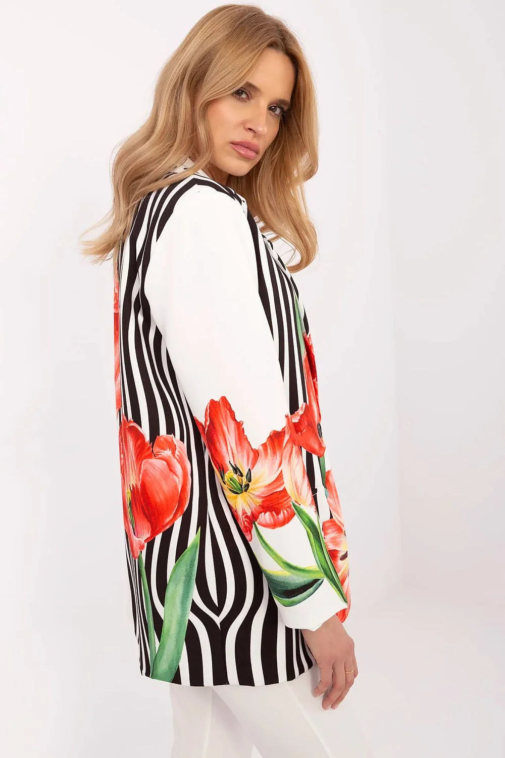Veste pour femme blazer floral artistique coupe structurée motifs tulipes rayures noir et blanc occasionnels office soirée polyester confort