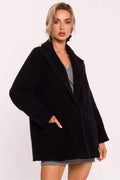 Manteau féminin élégant oversize en tissu teddy acrylique nylon noir poches avant double face femmes