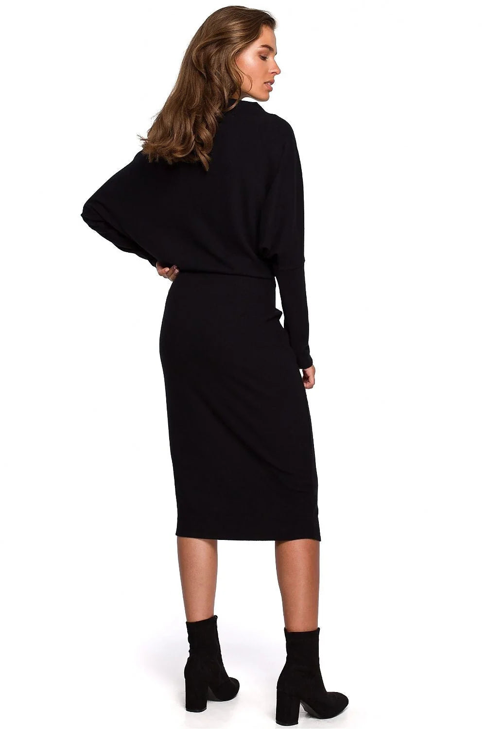 Robe élégante noire en coton manches chauve-souris coupe ajustée décontractée chic soirée quotidienne