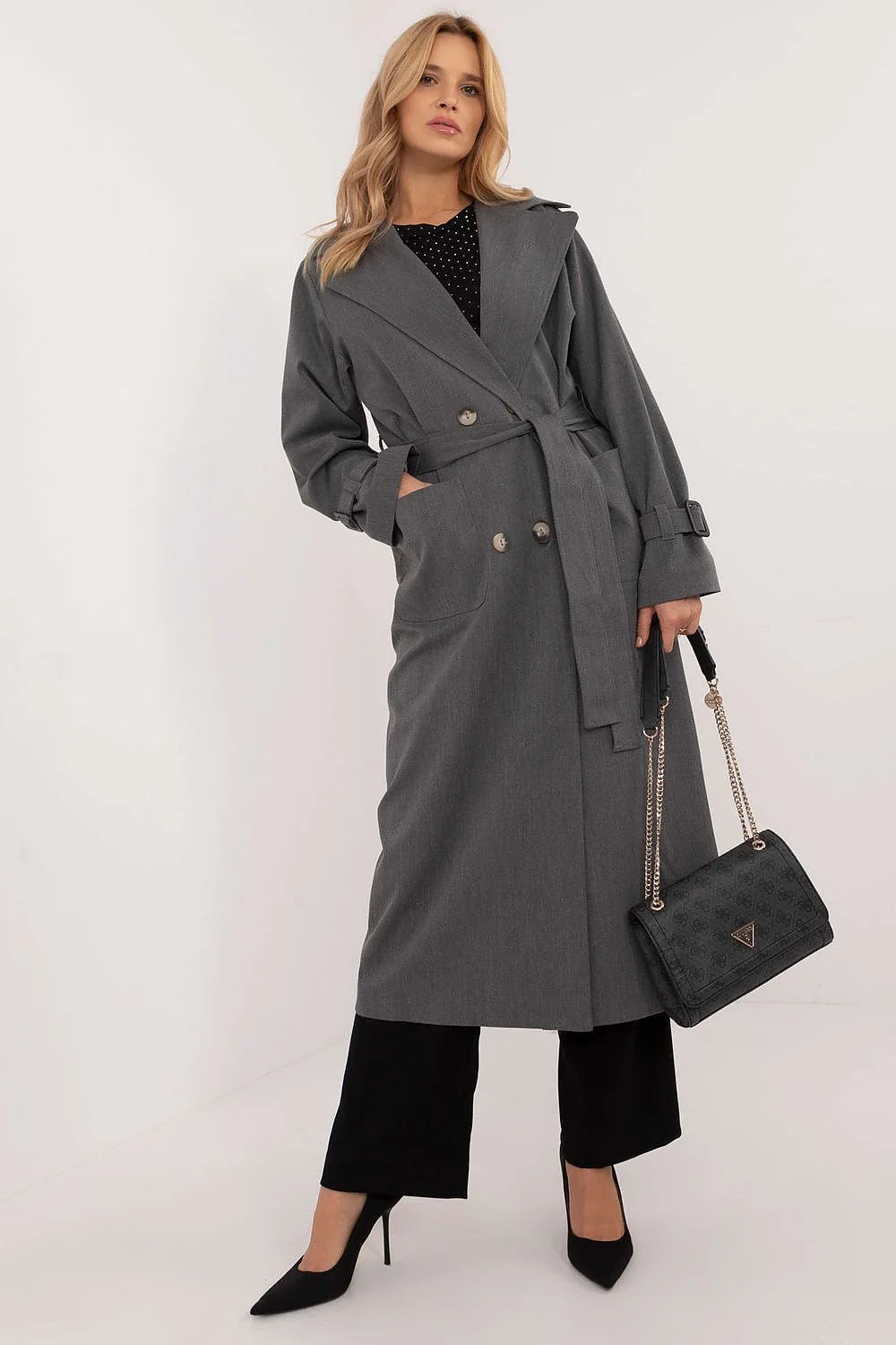 Manteau Lakerta élégant pour femme trench-coat gris long col à revers ceinture boutons doubles manches longues poches latérales automne hiver printemps