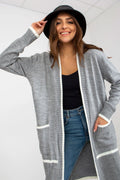Cardigan Rue Paris long pour femme, design moderne, gris avec accents blancs, maille tricotée, manches longues, poches fonctionnelles, vêtement polyvalent printemps-automne