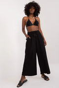 pantalon femme Sublevel palazzo viscose large fluide taille haute cordon ajustable pompons poches latérales cheville noir élégant décontracté