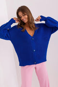 Cardigan femme bleu ciel oversize encolure en V boutons central épaules tombantes manches longues côtelé en acrylique doux