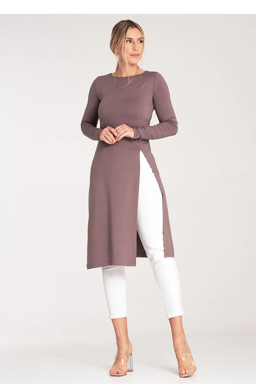 tunique longue femme jersey stretch polyester elasthanne manches longues encolure ronde fente latérale haute coupe ajustée fluide tombé mi mollet