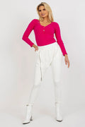 Pantalon survêtement Ex Moda blanc haut ajusté fuchsia couleur vif manches longues décolleté V boutons-pression