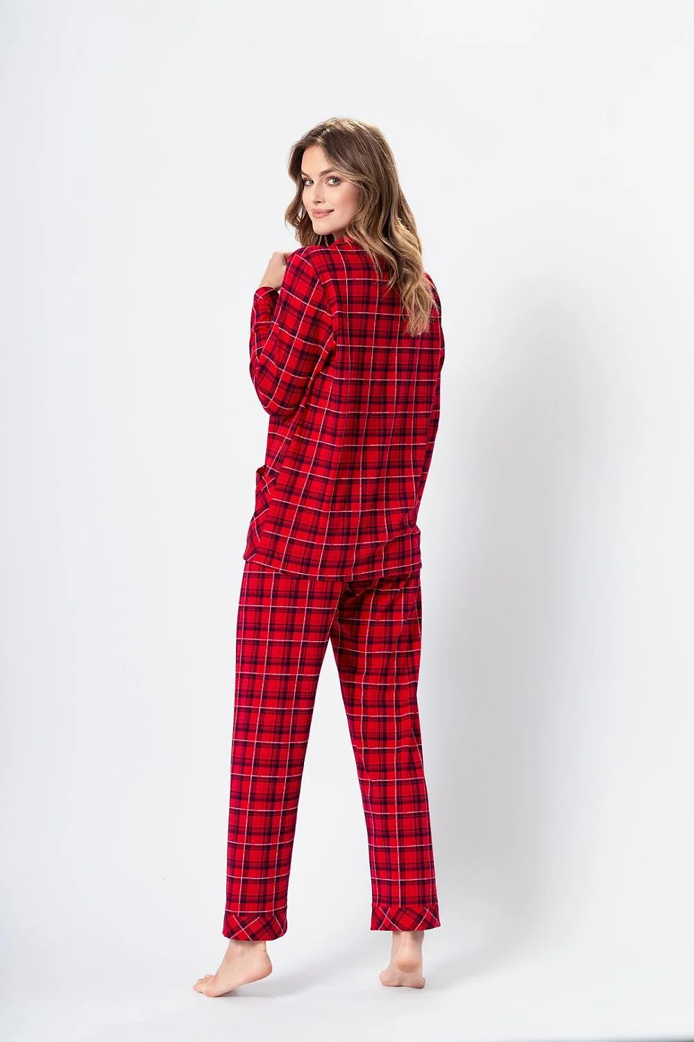 Pyjama femme classique carreaux rouge vif noir manches longues chemise pantalon coton doux confort nocturne